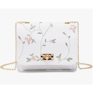 Floral Embroidered Clear Crossbody Bag White Faux Leather Chain Strap Handbag